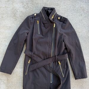 Michael Kors S Insulated Black Trench Coat Gold Accents Belt Faux Leather Trim